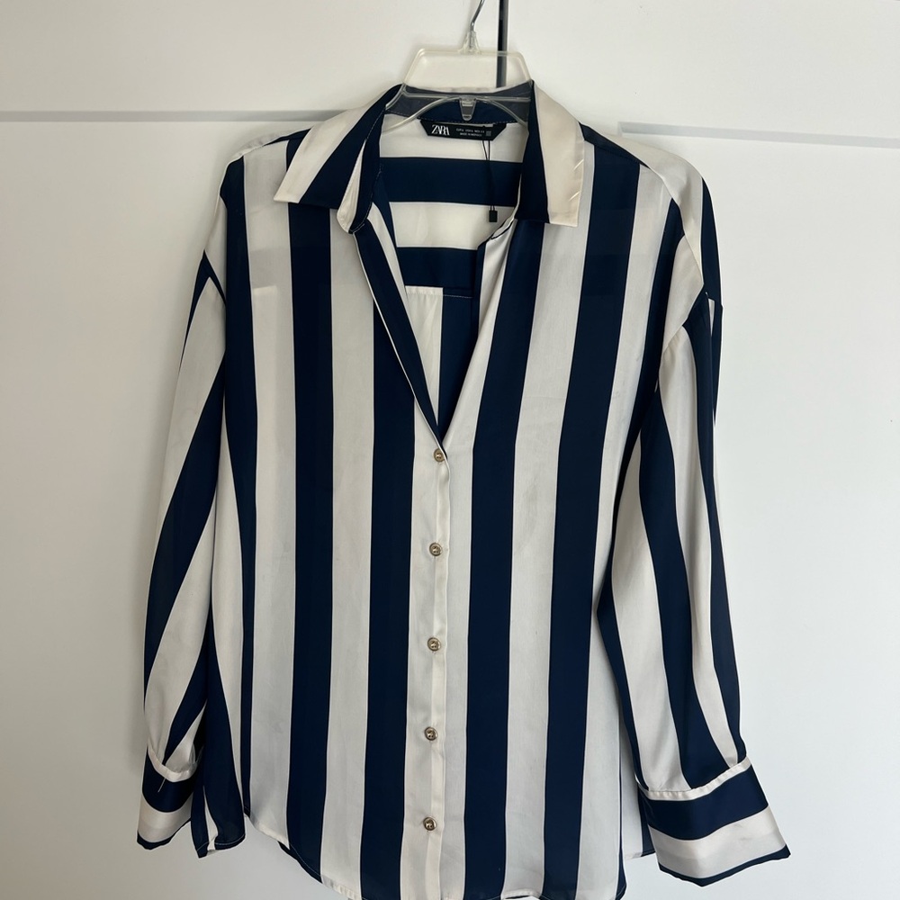Zara Dark Blue and White Striped Shirt